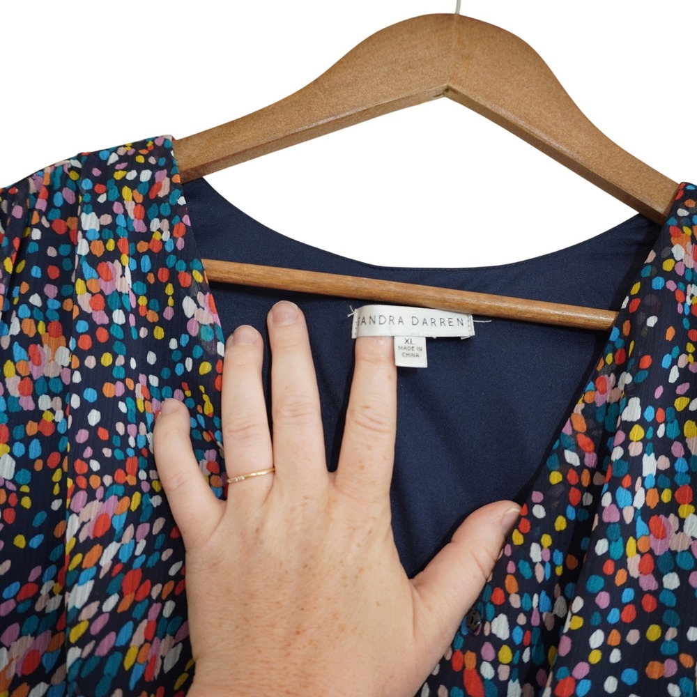 Sandra Darren XL Confetti Dot Tiered Faux Wrap Midi‎ Dress Navy Multicolor Party - Picture 5 of 9